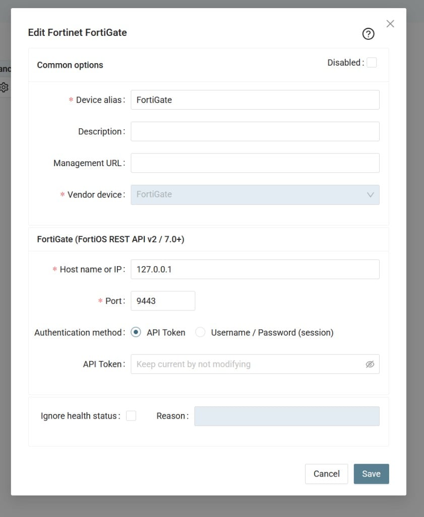 XorMon Edit Fortinet FortiGate dialog — host, port, API Token or Username/Password